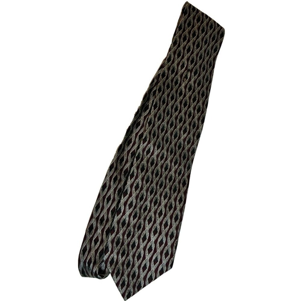 Fratelli 100% Silk Tie Made in Italy Burgundy Silver Black Geometric Woven Mens